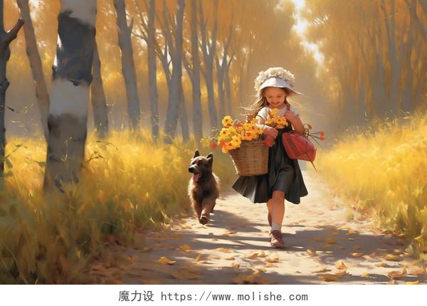 一个小女孩拿着一篮花朵走在乡间小路写实AI插画小狗树林秋天立秋自然风景